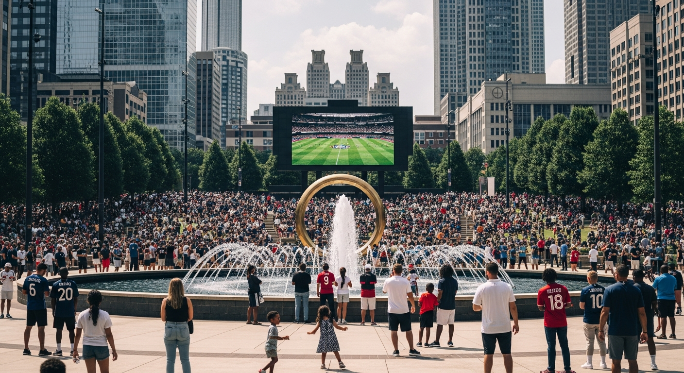 Vast crowd watching a giant screen in a downtown Atlanta park with a fountain in the foreground