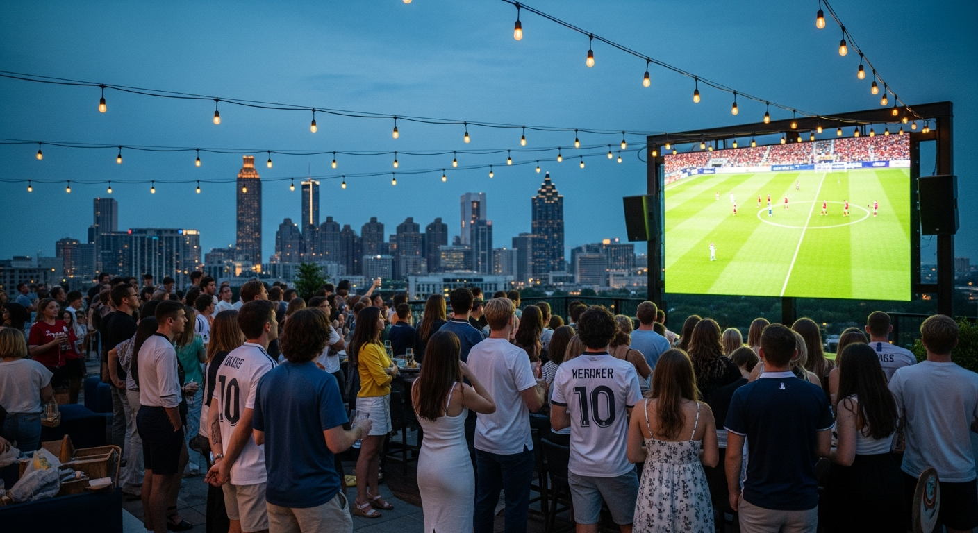 Rooftop bar crowd at dusk watching soccer on a large outdoor screen with the Atlanta skyline behind