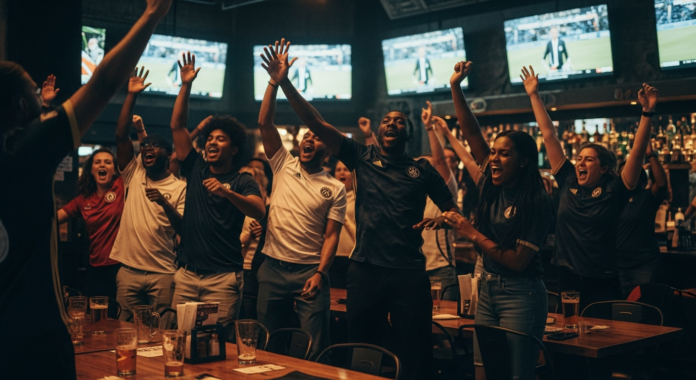 Fans in soccer jerseys leaping up in celebration inside a lively Atlanta sports bar