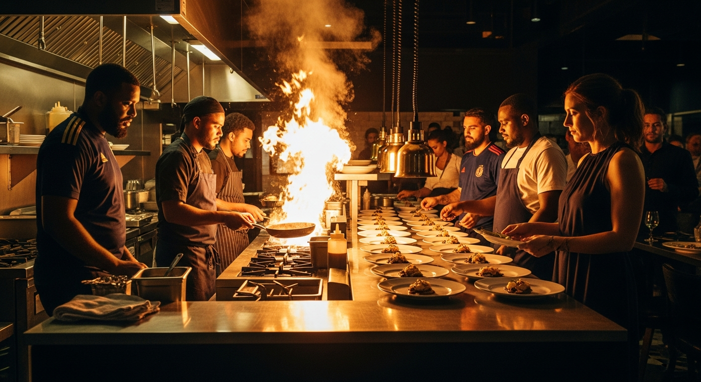 Chefs working a flaming open kitchen line late at night in an Atlanta restaurant