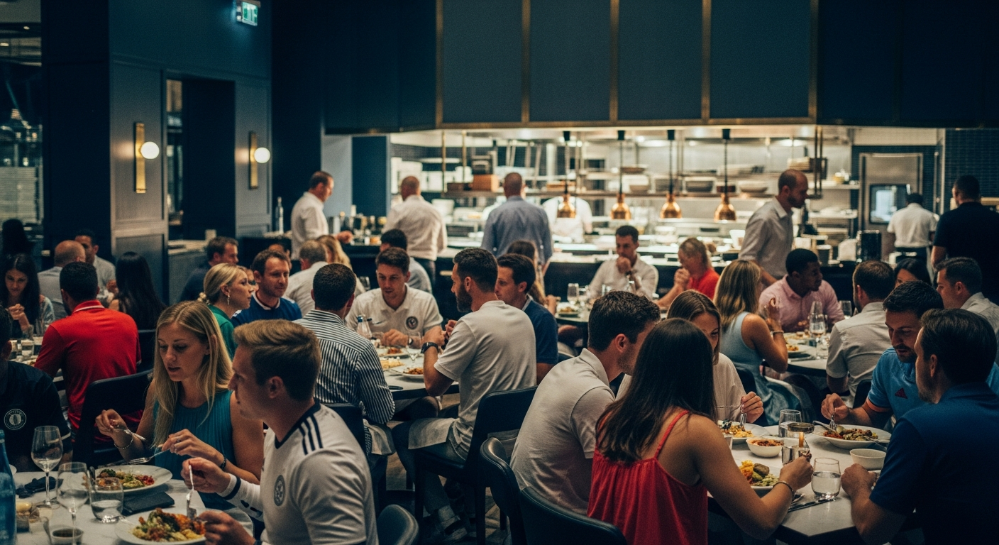 Warm bustling Atlanta restaurant at night with tables of fans sharing plates and an open kitchen glowing