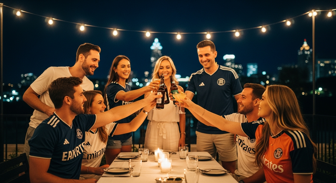 Friends in summer clothes and soccer jerseys toasting drinks on a candlelit Atlanta patio at night