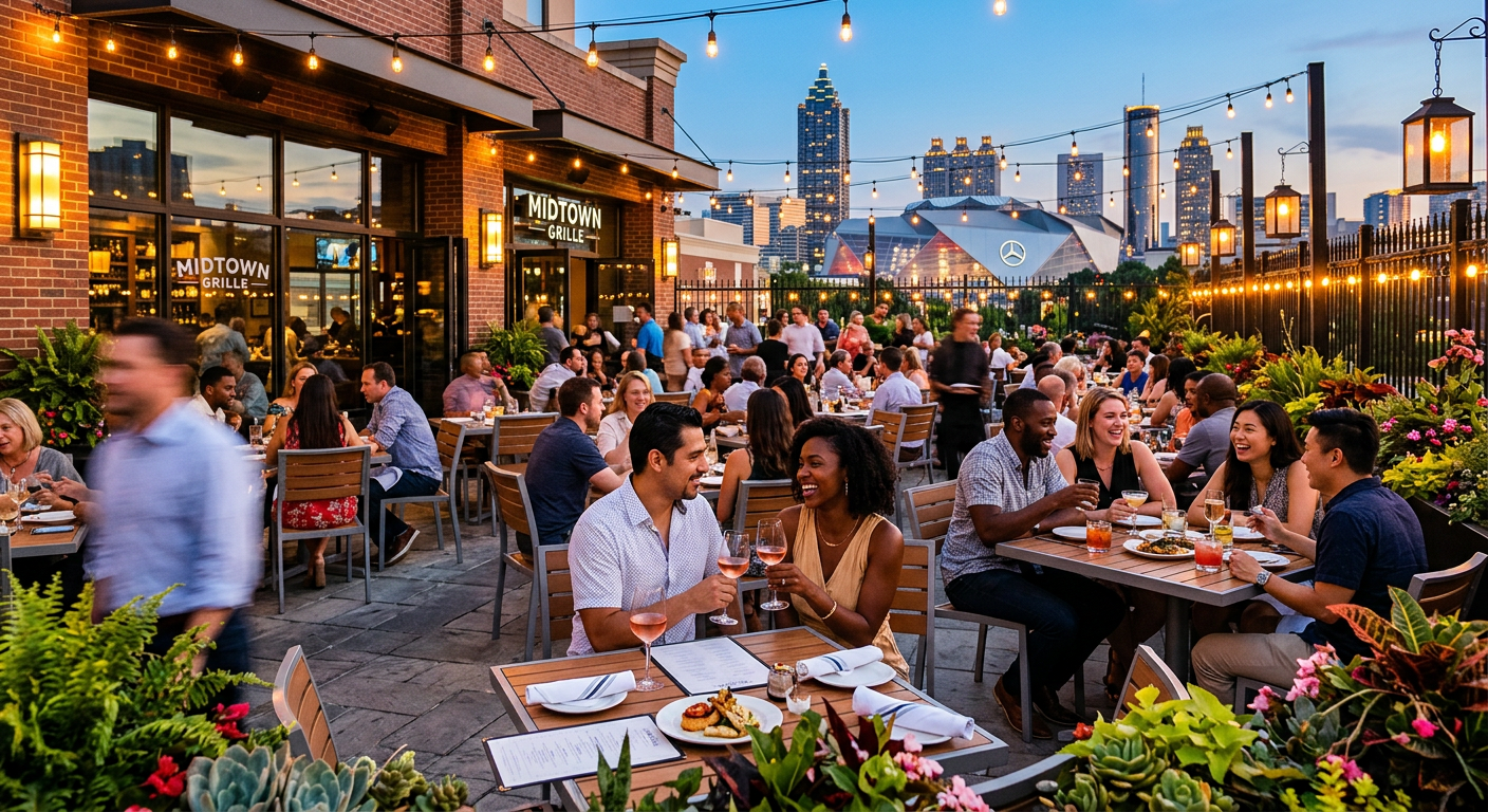 Bustling Atlanta restaurant patio with diverse diners on a summer evening