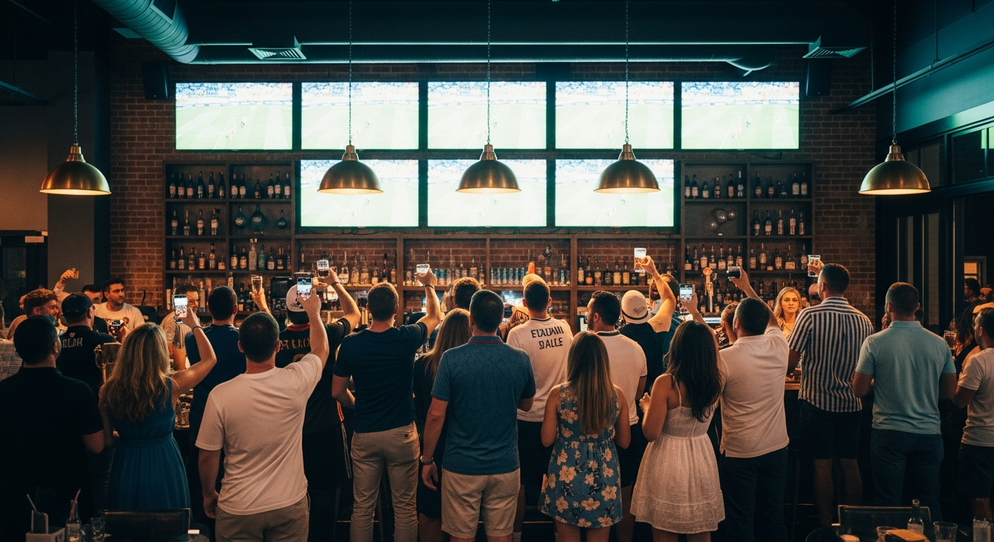 Packed brick-walled Atlanta bar with soccer fans raising glasses toward glowing screens