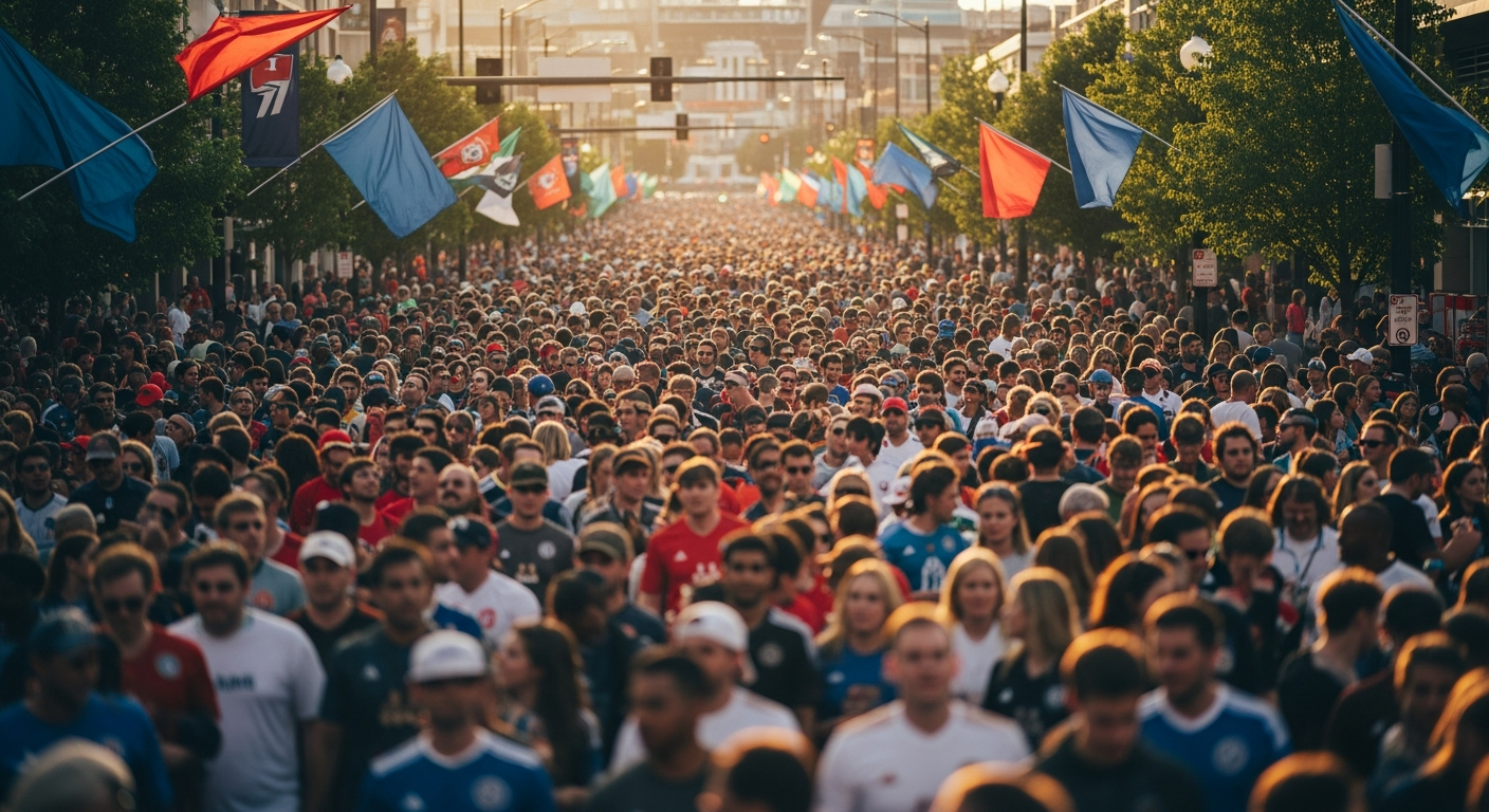 A dense crowd of soccer fans in colorful jerseys walking down a closed Atlanta street toward the stadium
