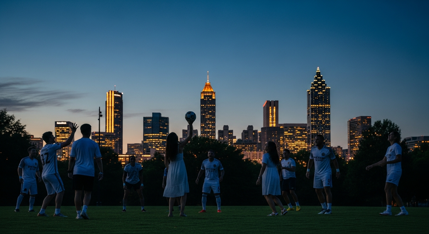 Downtown Atlanta skyline at dusk with silhouettes of fans celebrating on a park lawn