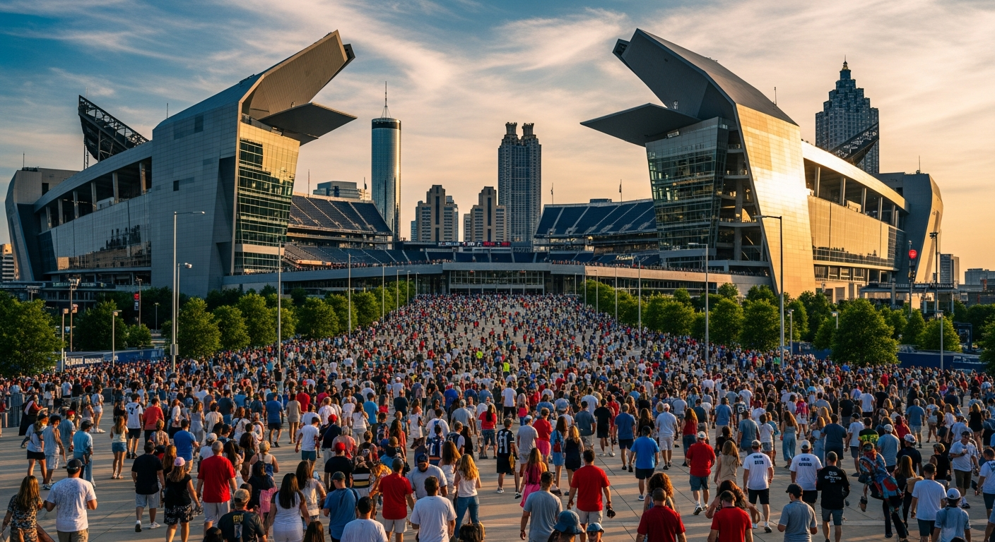 Crowds of soccer fans streaming toward Mercedes-Benz Stadium at golden hour