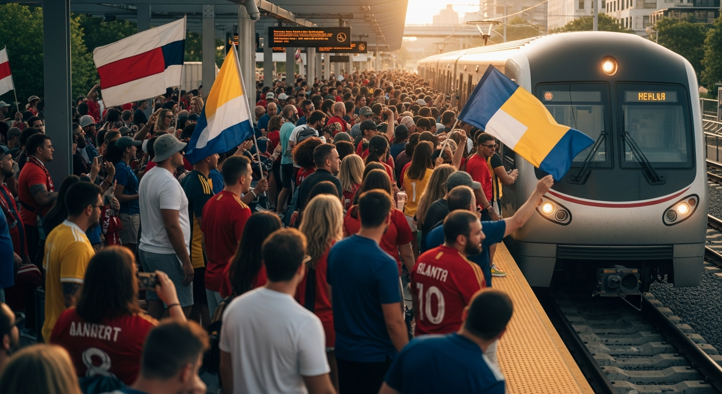 Crowded MARTA platform full of soccer fans in colorful jerseys as a train arrives