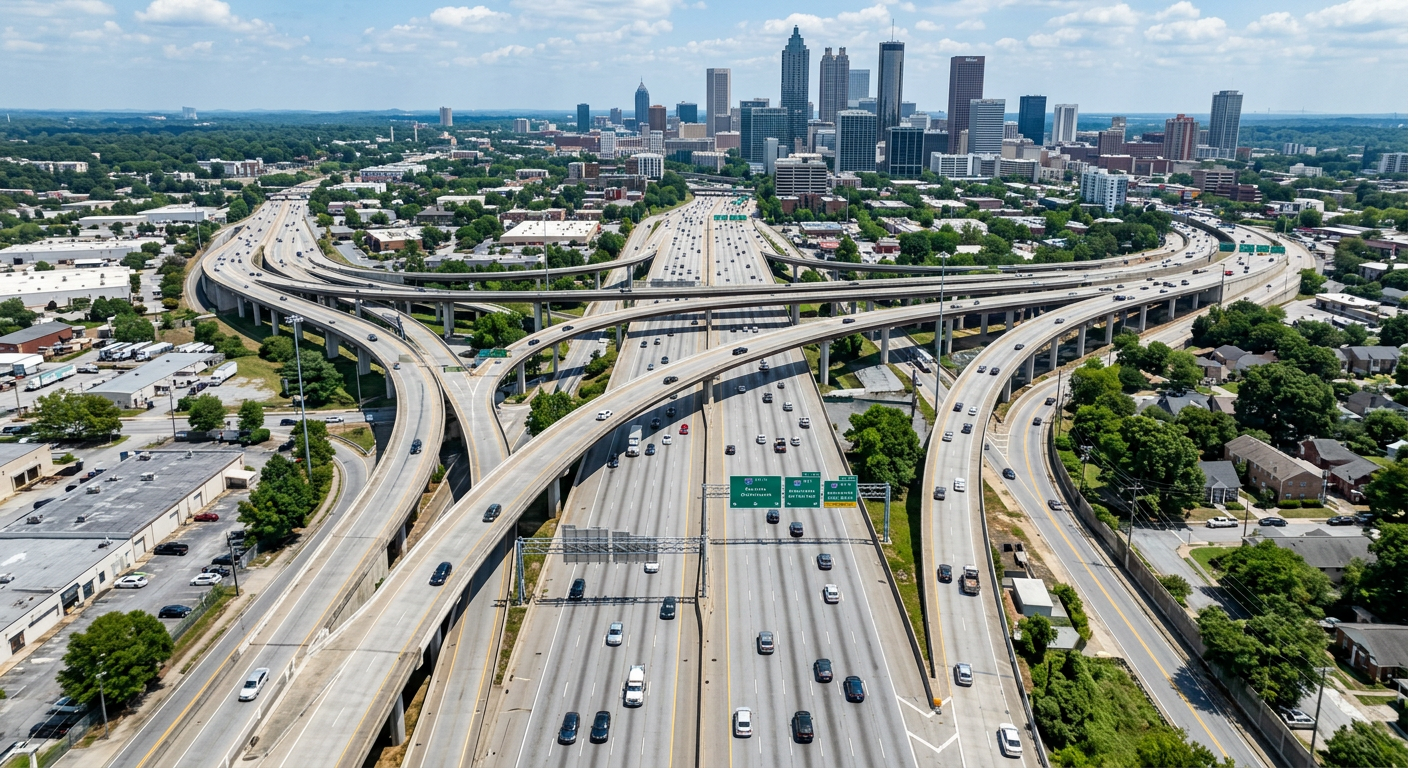 Aerial view of Atlanta's highway interchange at sunset