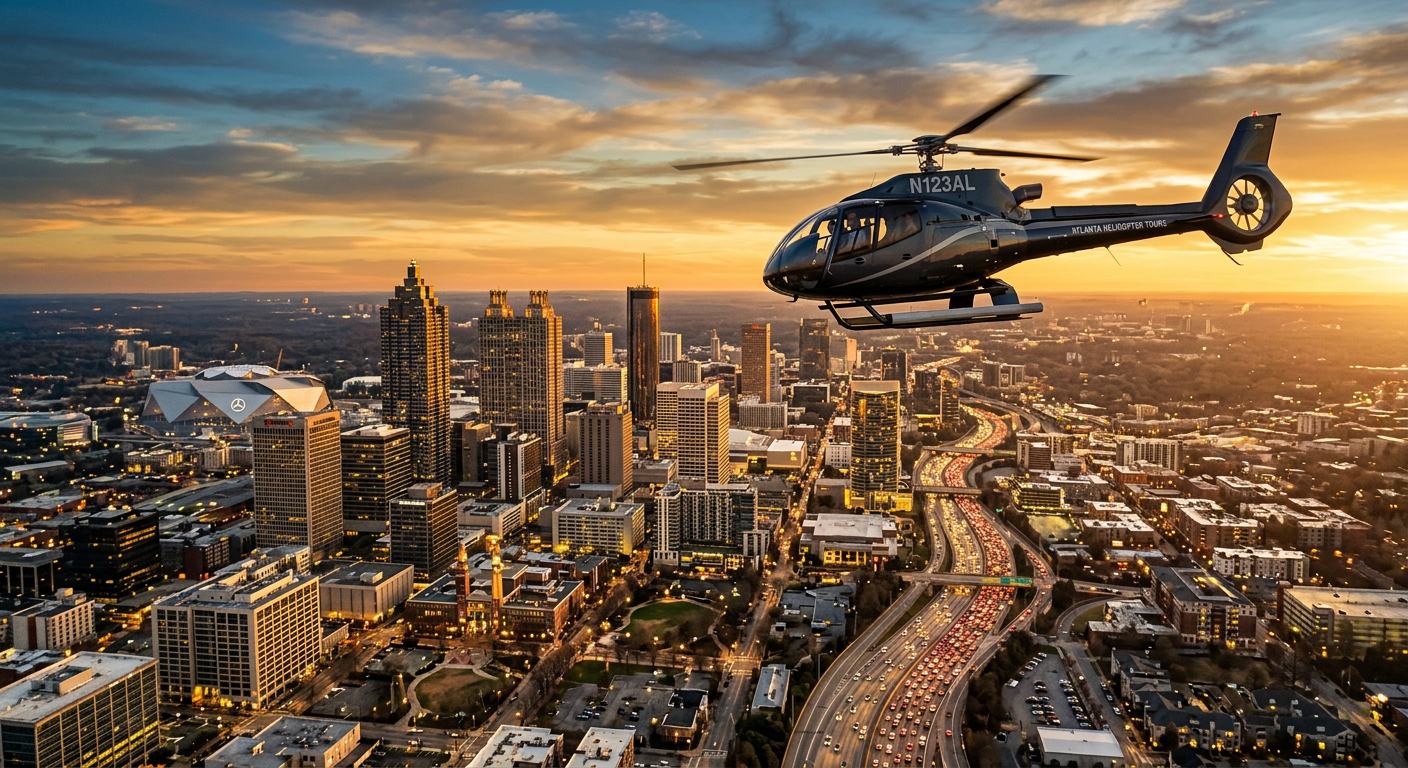 Aerial view of Atlanta skyline from a helicopter at golden hour
