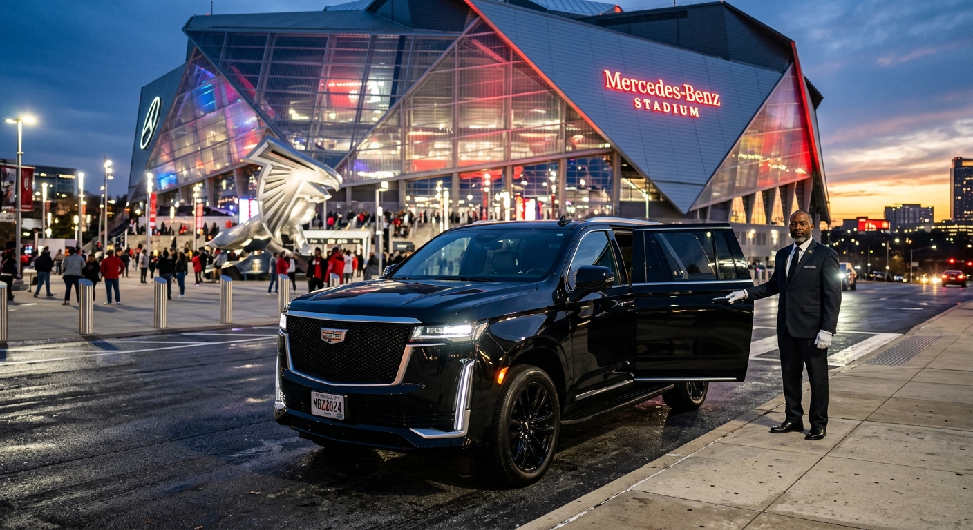 Black luxury SUV parked in front of Mercedes-Benz Stadium at night