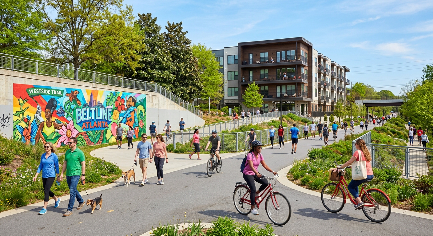 The BeltLine Westside Trail on a sunny spring morning with joggers and cyclists