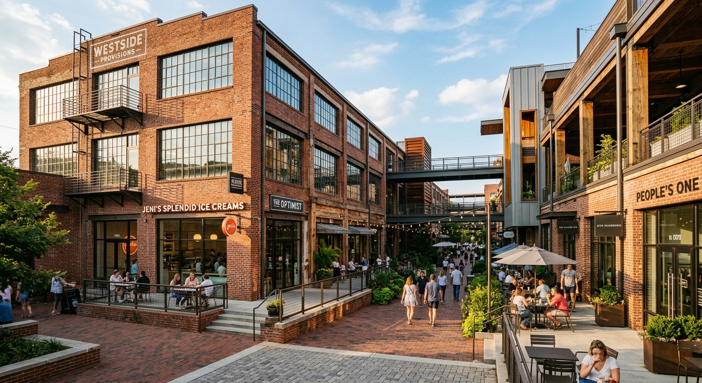 Westside Provisions District with brick warehouses converted to shops and restaurants