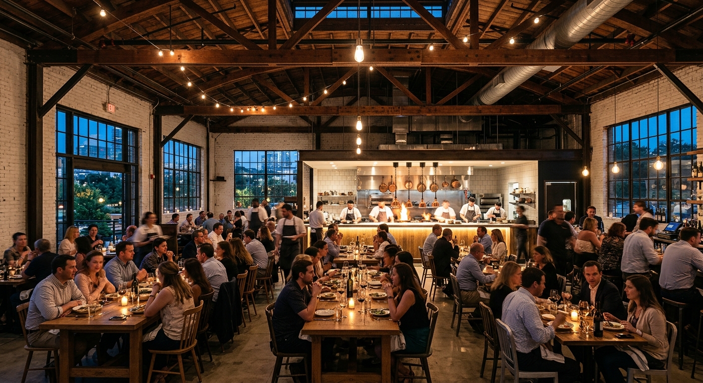Al fresco dining on Howell Mill Road on the Westside of Atlanta at golden hour