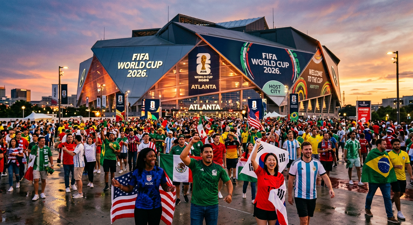 Mercedes-Benz Stadium exterior with FIFA World Cup 2026 banners