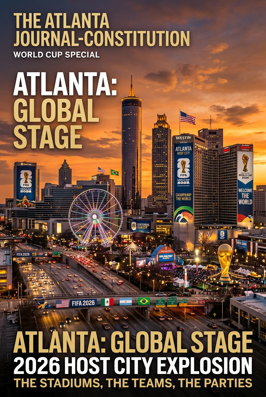 Atlanta skyline at sunset with Mercedes-Benz Stadium in foreground