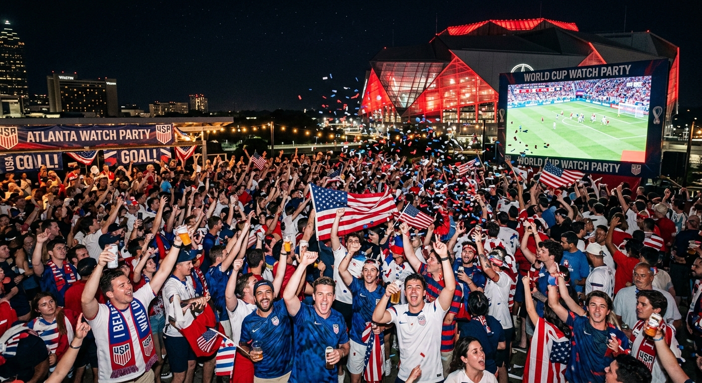 Mercedes-Benz Stadium lit up for FIFA World Cup 2026