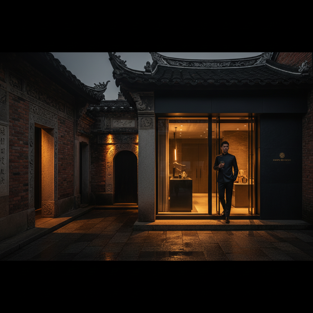 Minnan stone courtyard contrasted with a modern glass and stone storefront — place-responsive architecture in Xunpu, Fujian