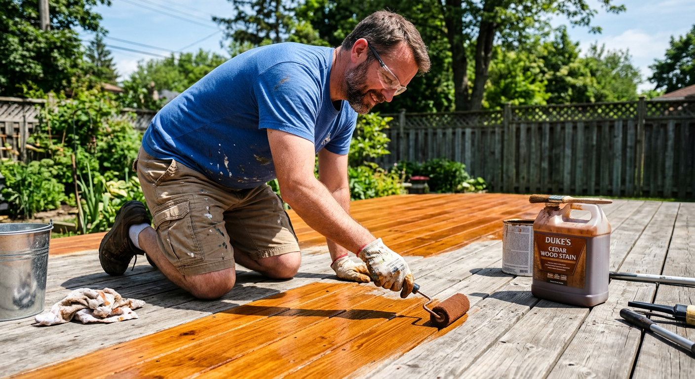Applying semi-transparent stain to deck boards with a pad applicator