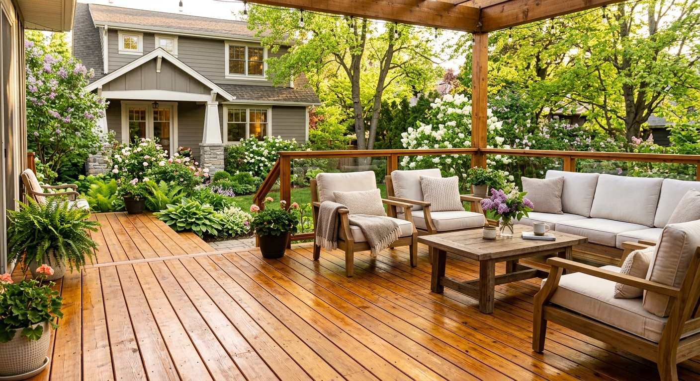 Beautifully stained deck with outdoor furniture in Atlanta backyard