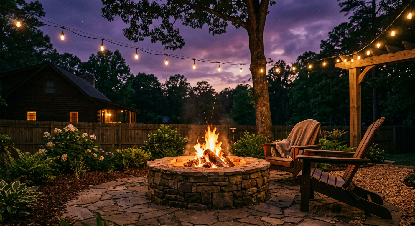 Completed stone fire pit with warm flames at dusk in a Georgia backyard