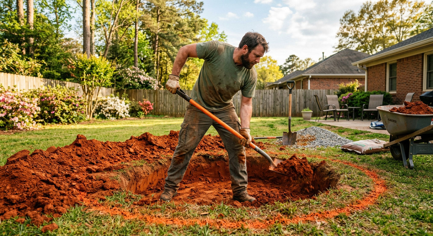 Digging the circular excavation for the fire pit base in a Georgia backyard