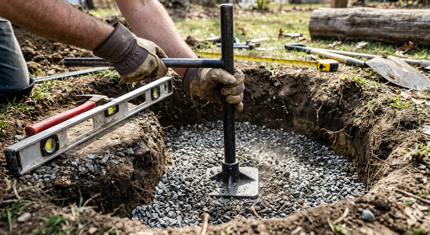 Compacting crushed gravel with a hand tamper inside the fire pit excavation