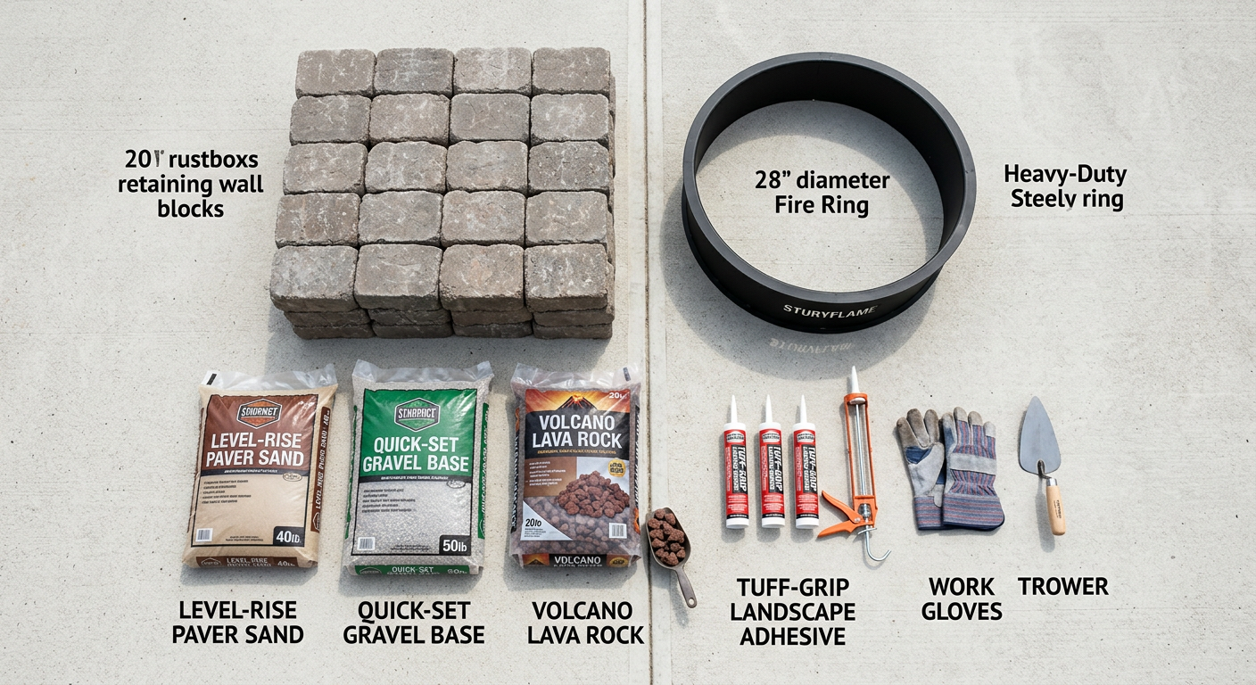 Fire pit materials neatly arranged: retaining wall blocks, steel fire ring, gravel, sand, adhesive