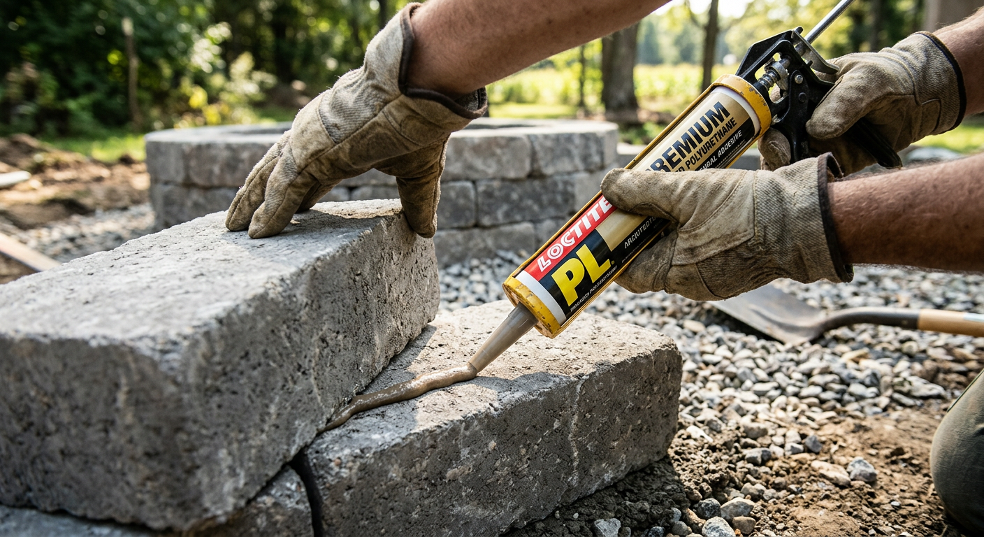 Applying landscape adhesive between courses of retaining wall blocks