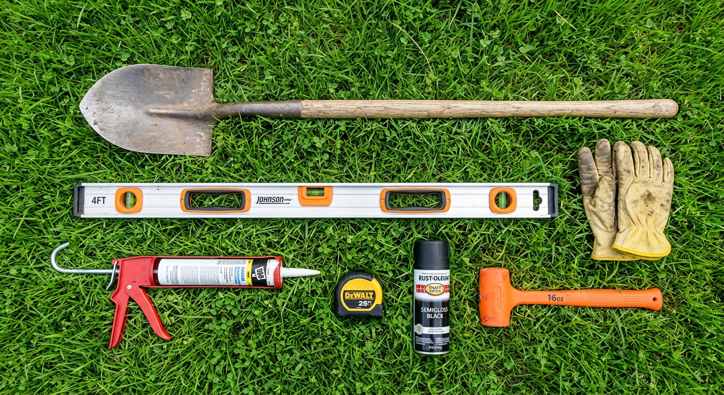 DIY fire pit tools laid out: shovel, level, rubber mallet, tape measure, work gloves, caulk gun
