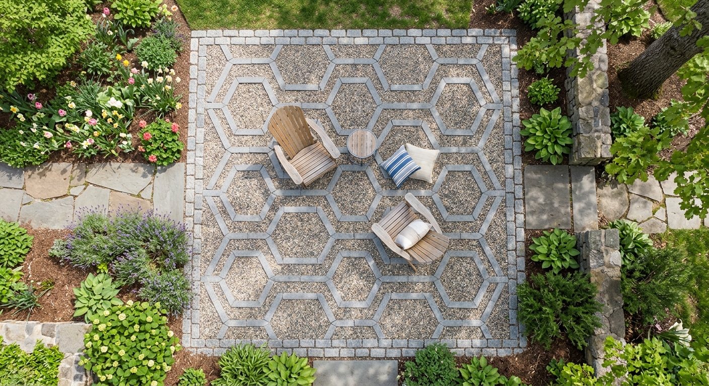Completed pea gravel patio with charcoal border pavers, Adirondack chairs, and fire pit