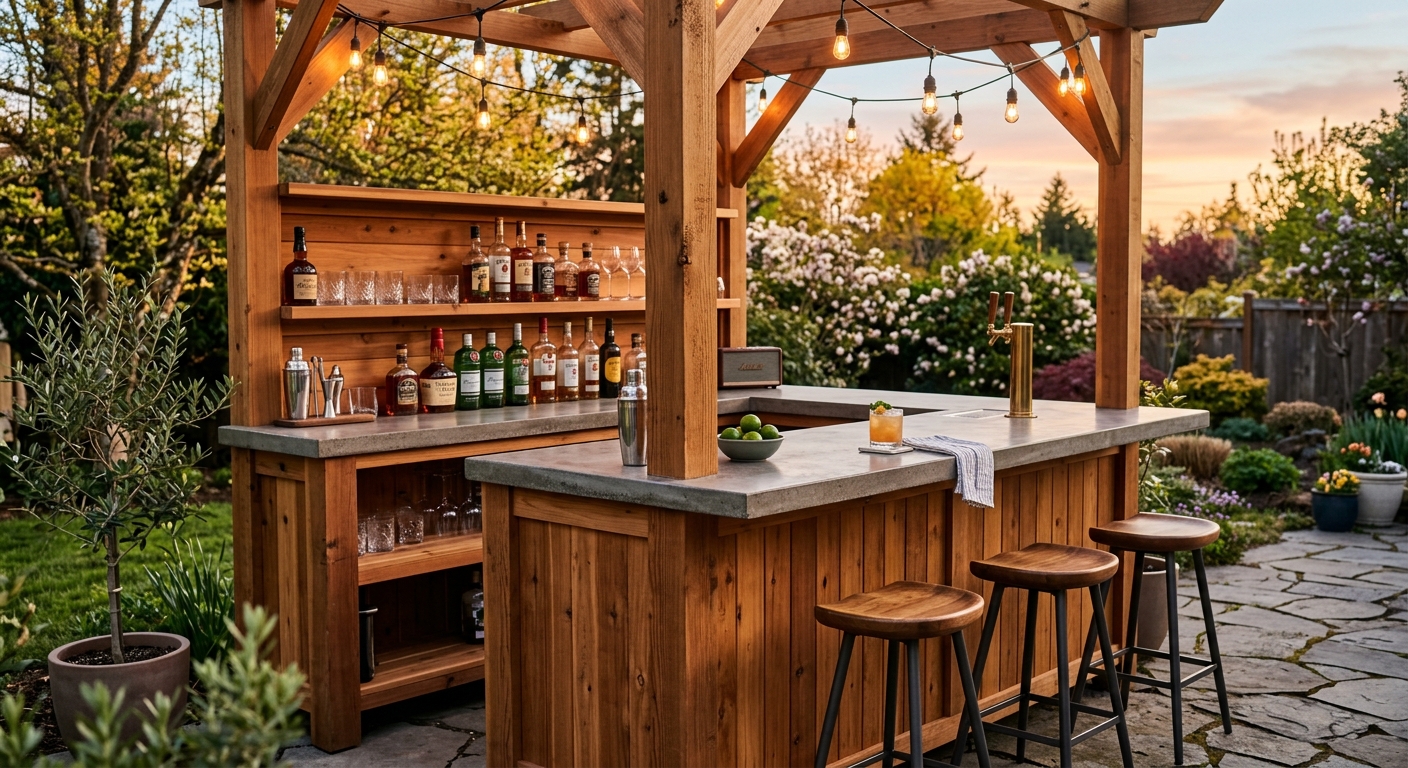 Finished outdoor bar from the side showing concrete countertop, cedar cladding, and mounted sink