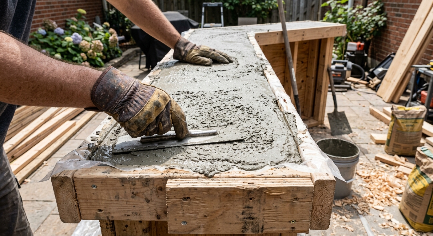 Pouring concrete mix into a melamine mold for the outdoor bar countertop