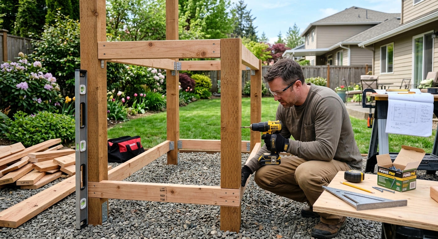 Cedar 2x4 frame for outdoor bar being assembled with power drill on a patio