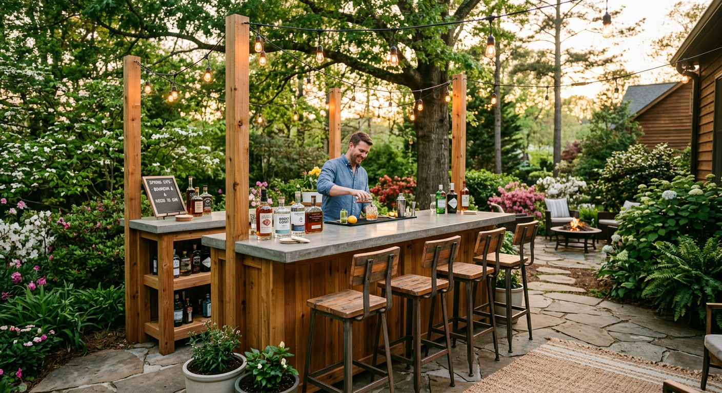 Completed cedar outdoor bar with concrete countertop and string lights overhead in a Georgia backyard