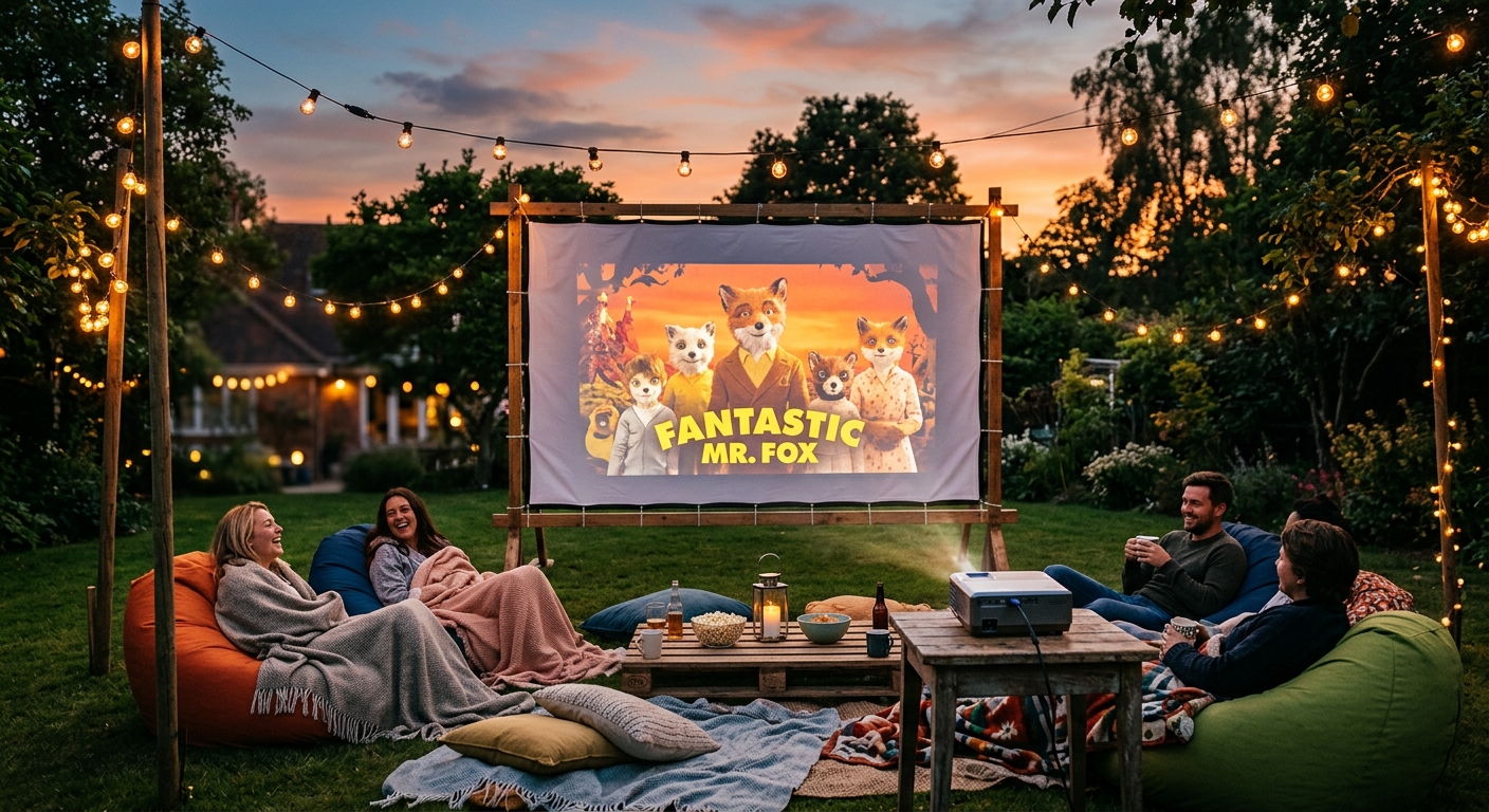 Outdoor movie night setup with projector screen in a backyard, string lights overhead, and seating on blankets