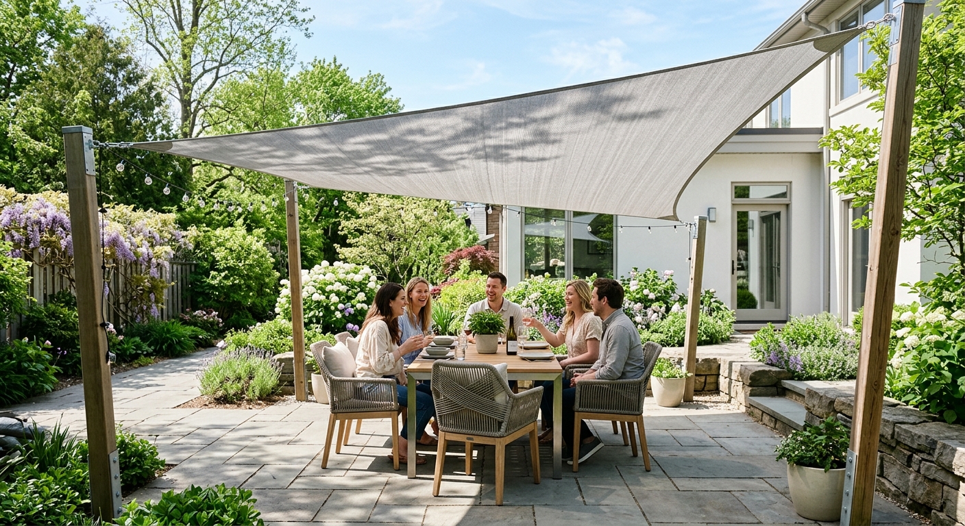 Rectangular shade sail in sand color tensioned over a deck with outdoor dining furniture and a grill