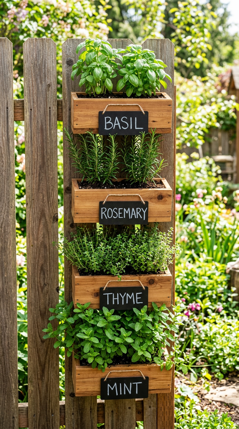 Vertical herb garden on a cedar frame mounted to a privacy fence with terracotta pots of basil, rosemary, and thyme