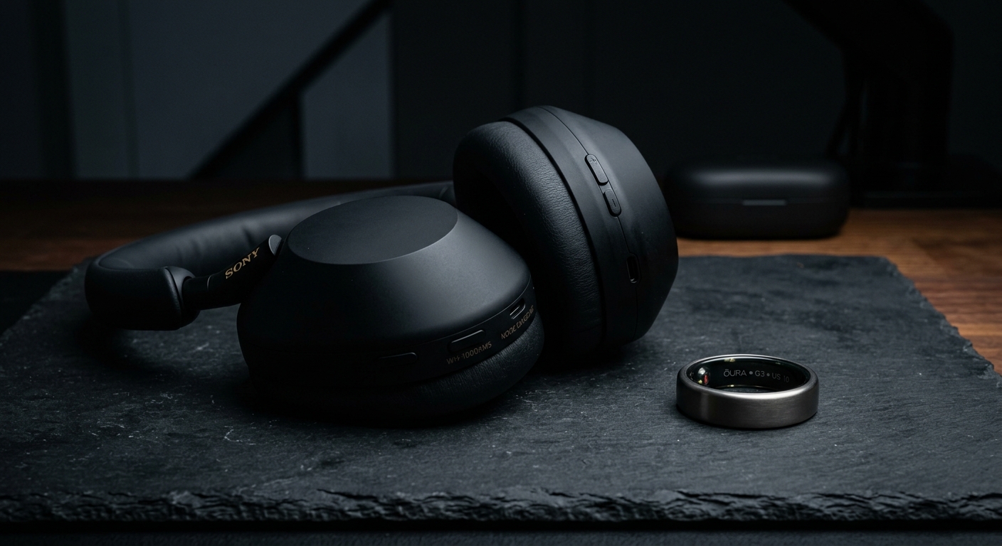 Sony WH-1000XM5 headphones and Oura Ring on a slate desk surface