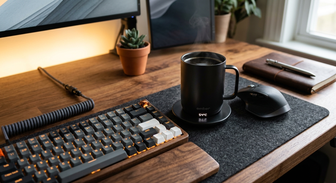 Mechanical keyboard next to Ember mug with warm morning light