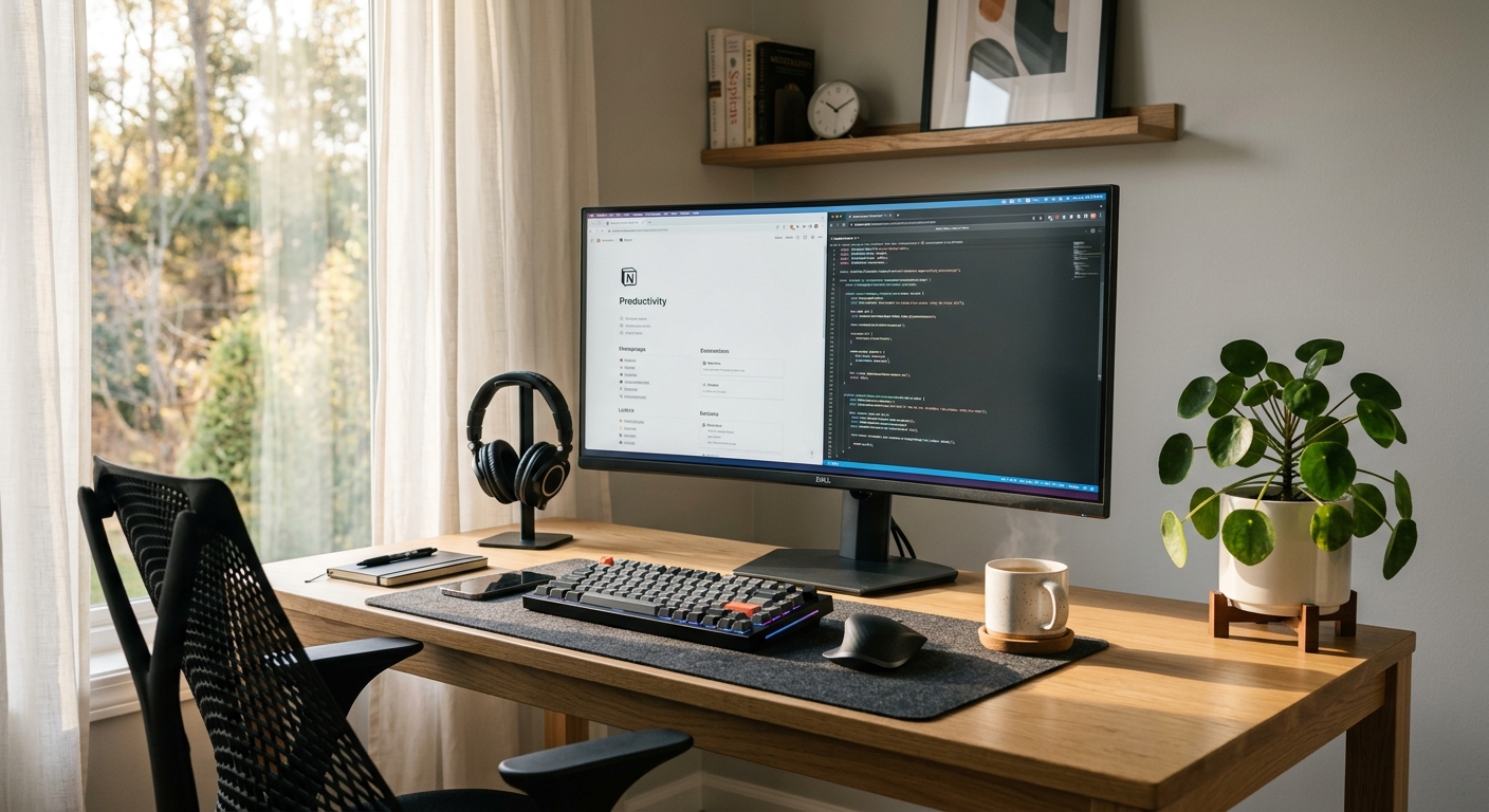 Clean minimal desk setup with monitor, keyboard, and warm desk lamp