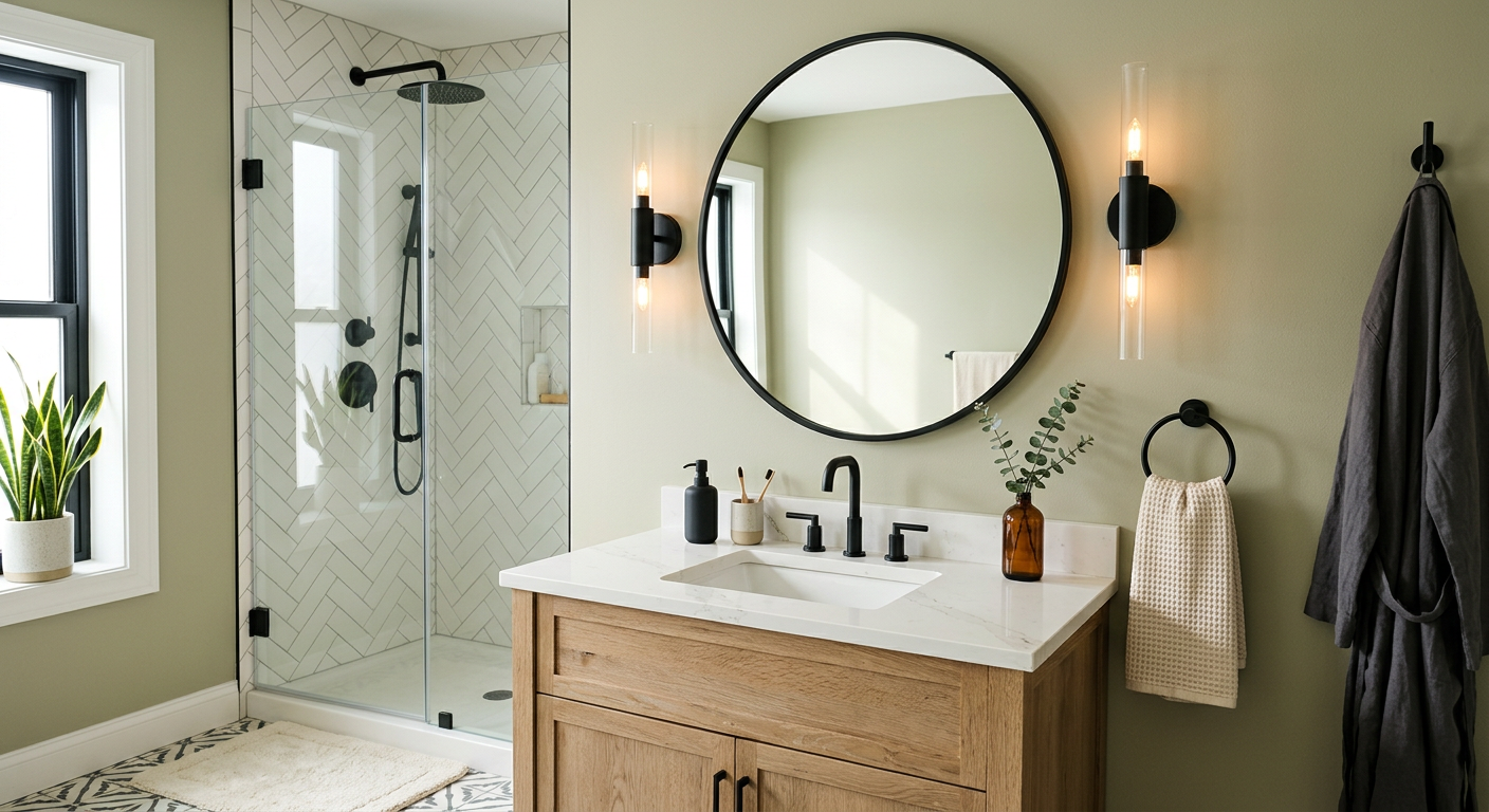 Completed bathroom refresh with new mirror, lighting, paint, and accessories