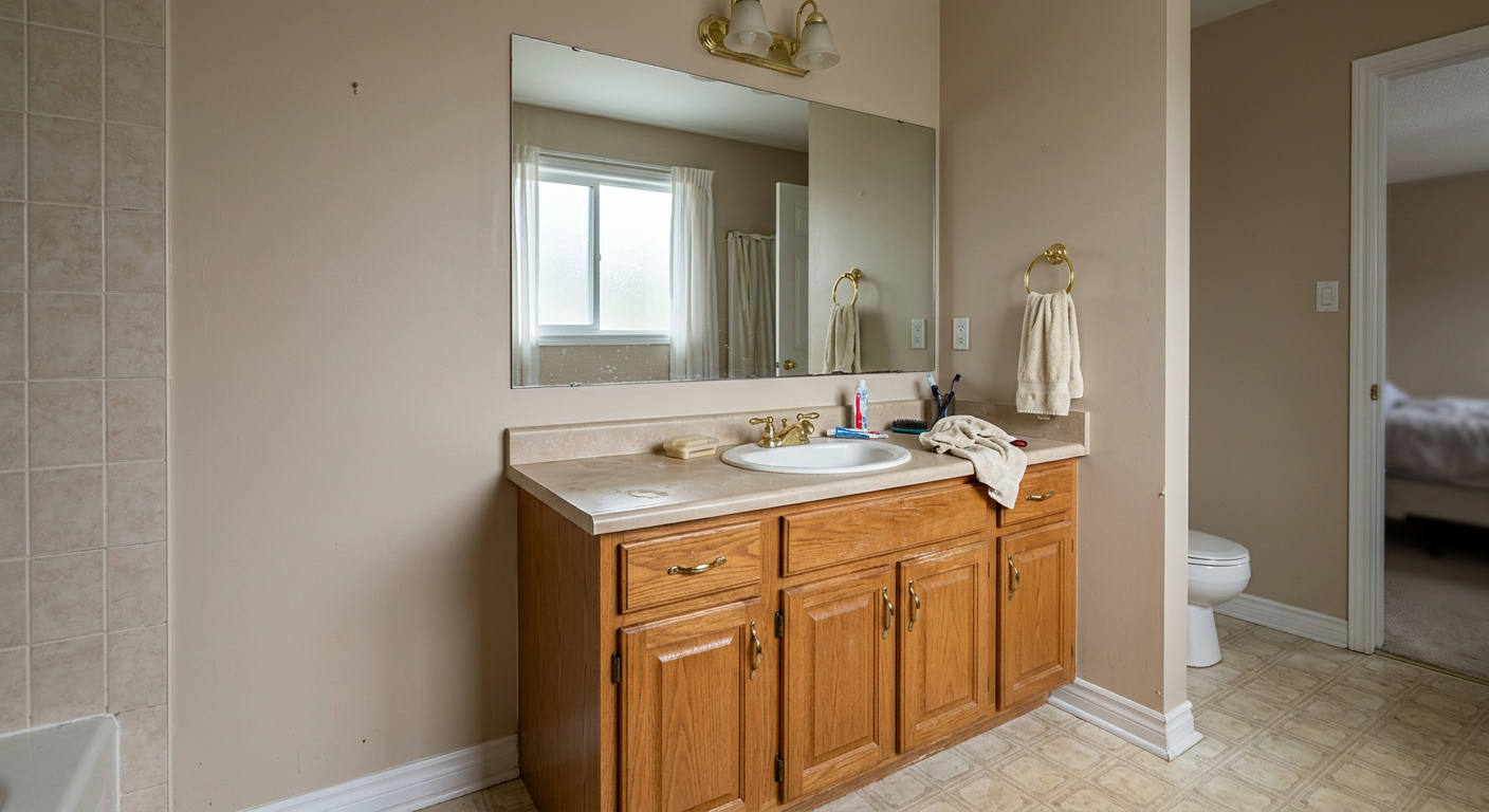 Dated bathroom with builder-grade mirror and brass hardware