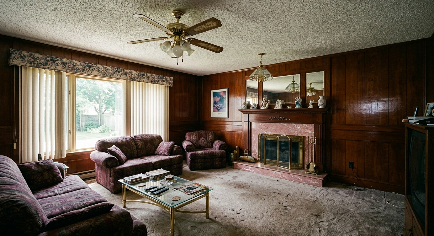 Before: dated 1990s living room with dark cherry paneling, popcorn ceiling, mushroom carpet