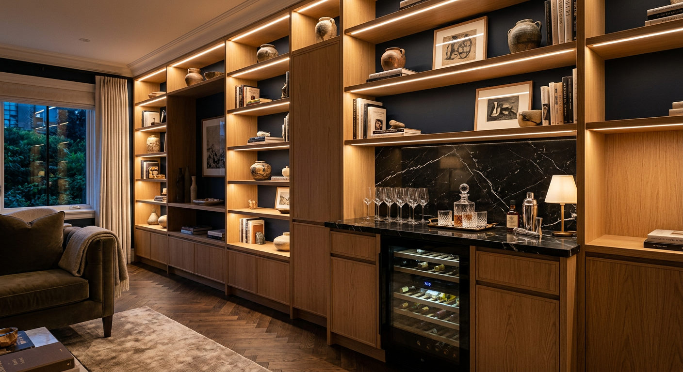 Custom white oak built-in shelving with integrated bar, LED lighting, and marble countertop