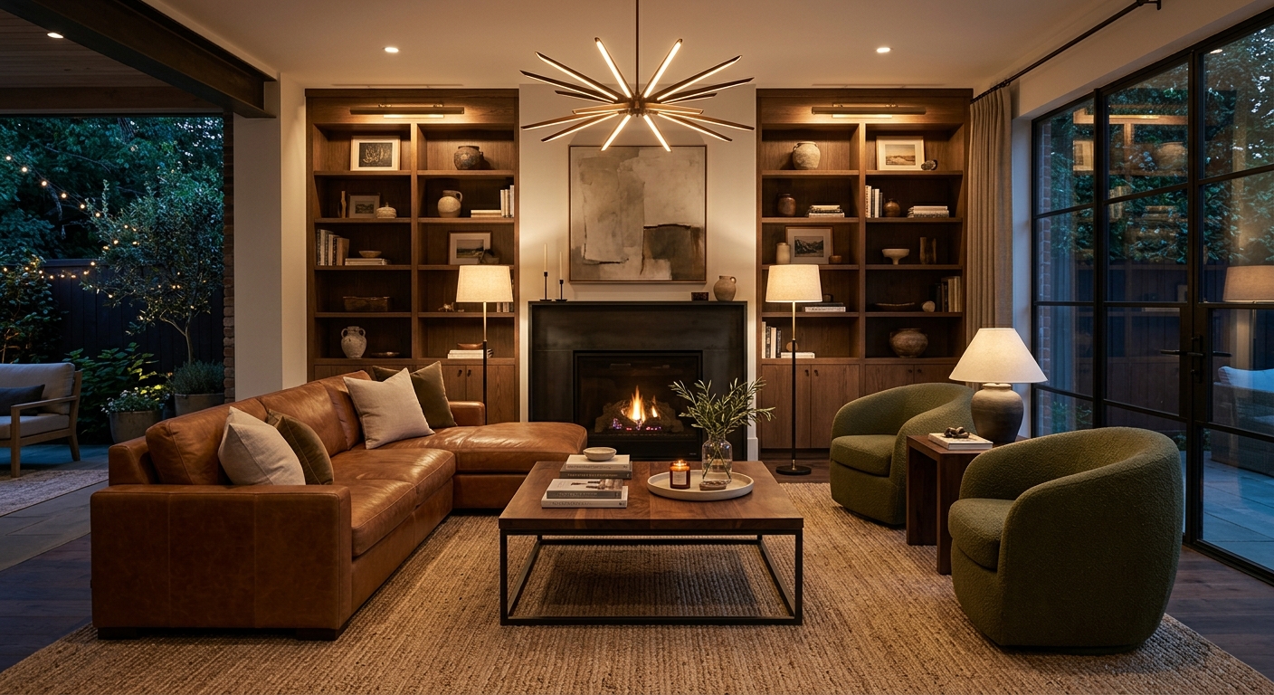Completed luxury living room with cognac leather sofa, olive boucle chairs, custom built-ins, and warm layered lighting