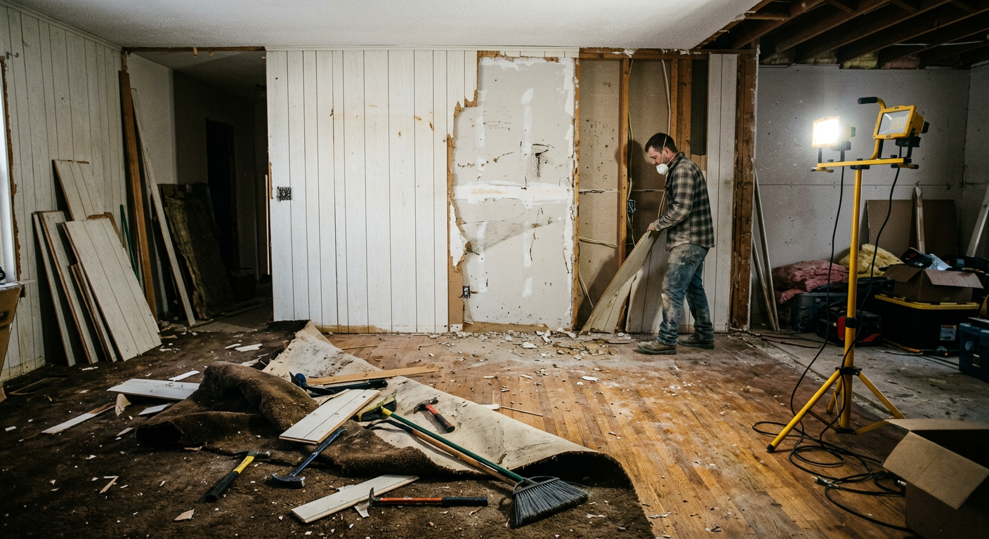 Living room mid-demolition — paneling removed, hardwood floors exposed under old carpet