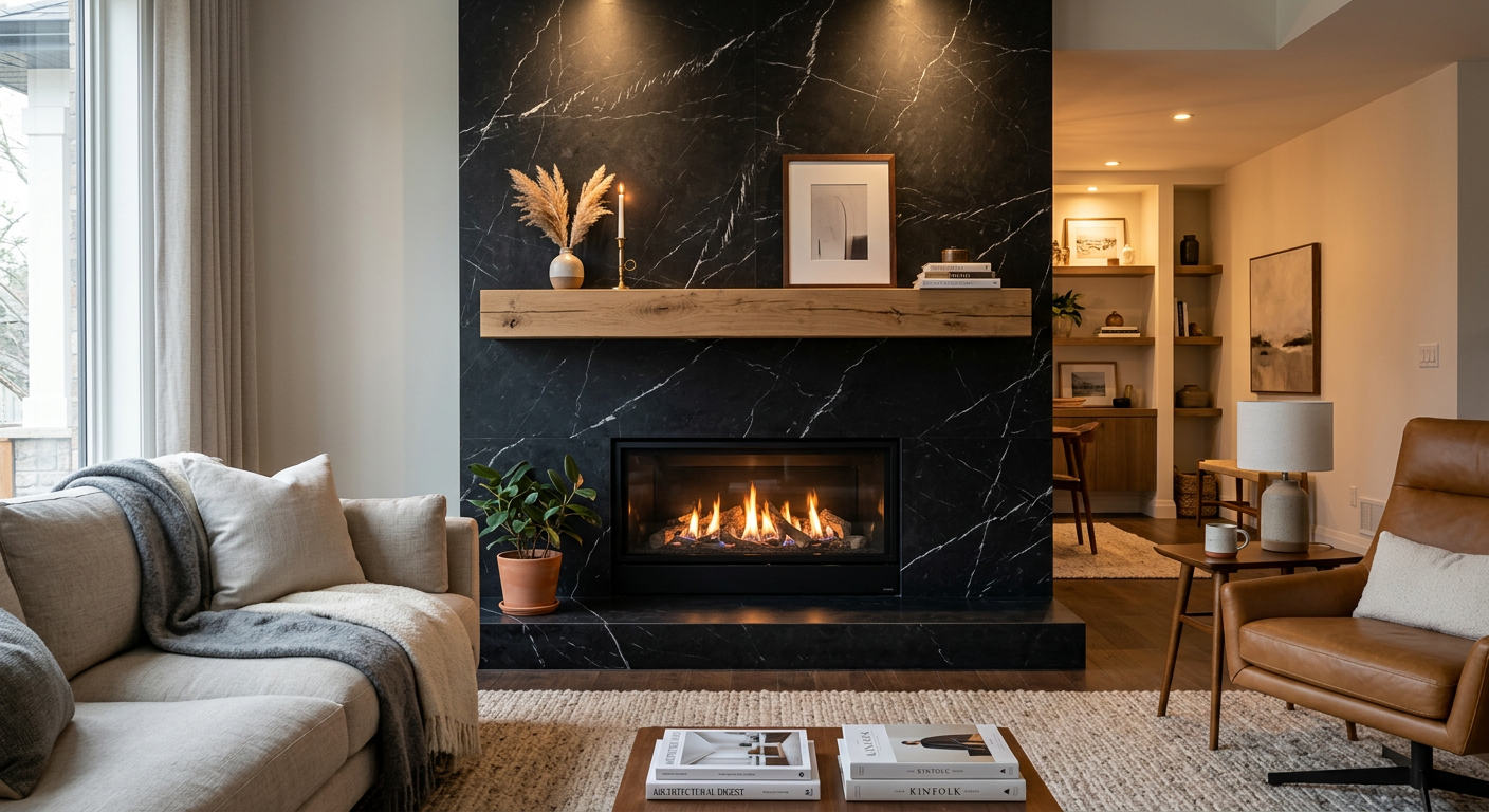 Floor-to-ceiling honed Nero Marquina marble fireplace with white oak mantel slab