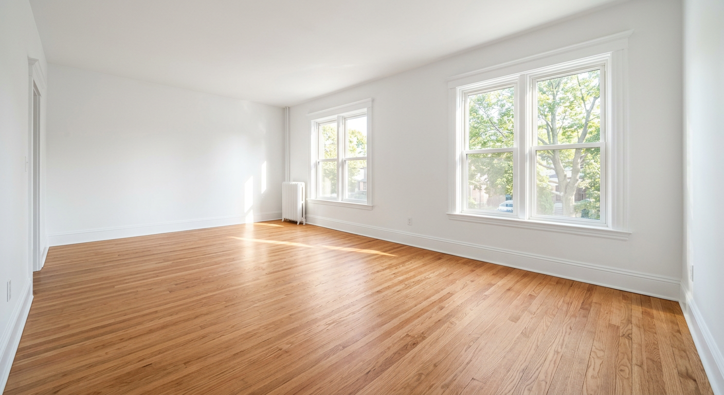 Freshly refinished red oak hardwood floors in the empty room with clean white walls