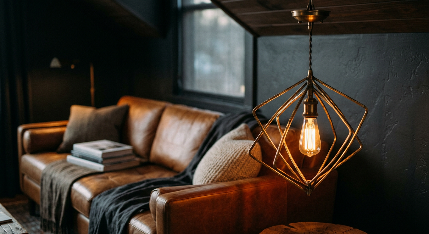 Sculptural brass pendant light over seating area with warm glow and moody atmosphere